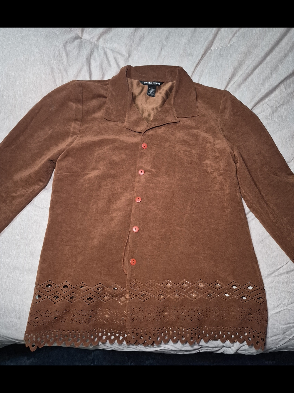 Brown Suede-Look Button Front Jacket with Laser-Cut Hem